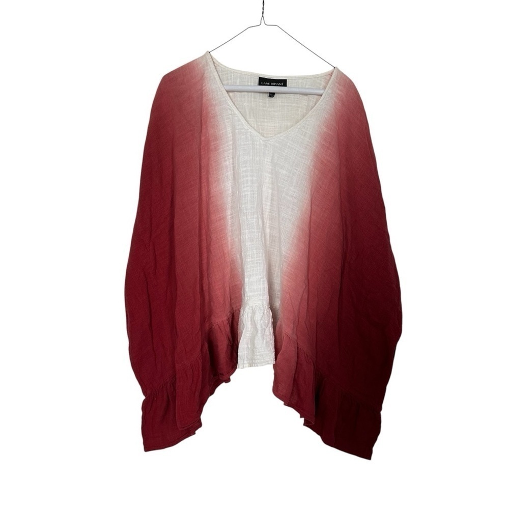 Lane Bryant Poncho Shirt Ombre Burgandy & White Ruffle Hem V-neck Top Size 18/20